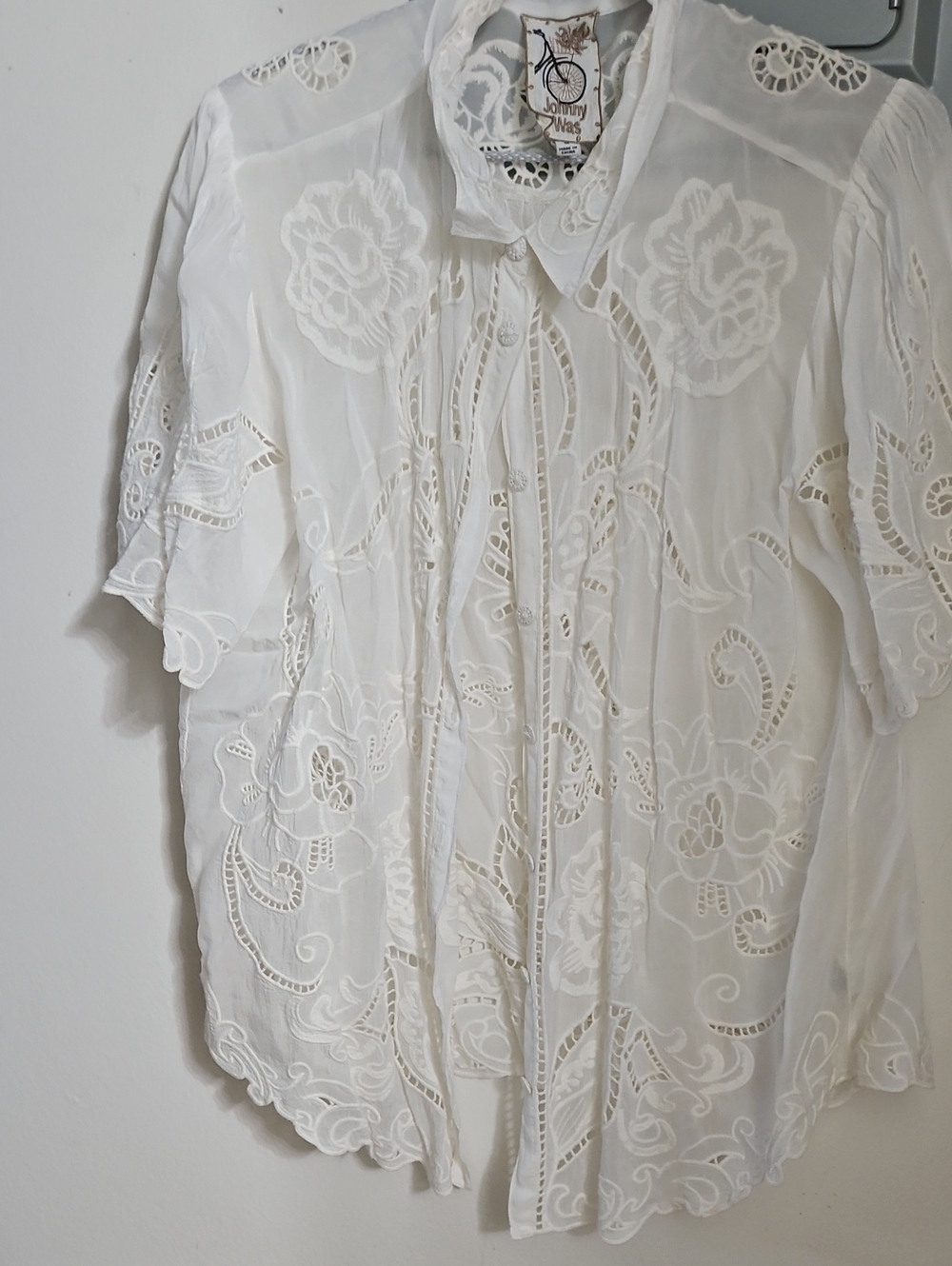 Johnny Was White Embroidered Lace Button-Front Blouse